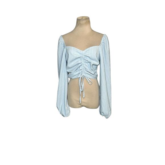 Vestique Blue White Checkered Pattern Long Sleeves Ruched Crop Top size M - Picture 12 of 16